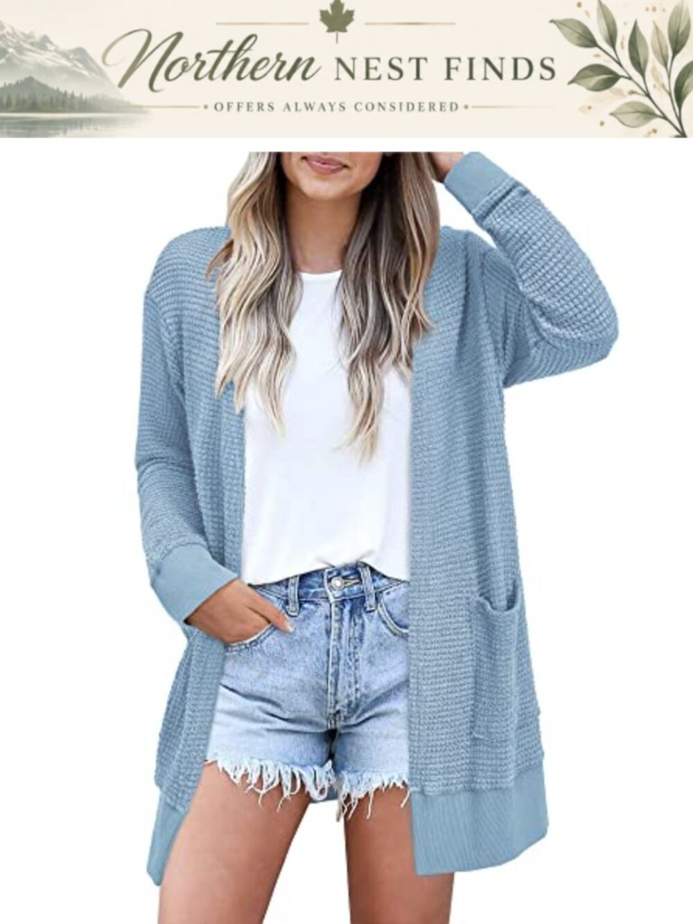 Waffle Knit Open Front Cardigan Sweater with Pockets